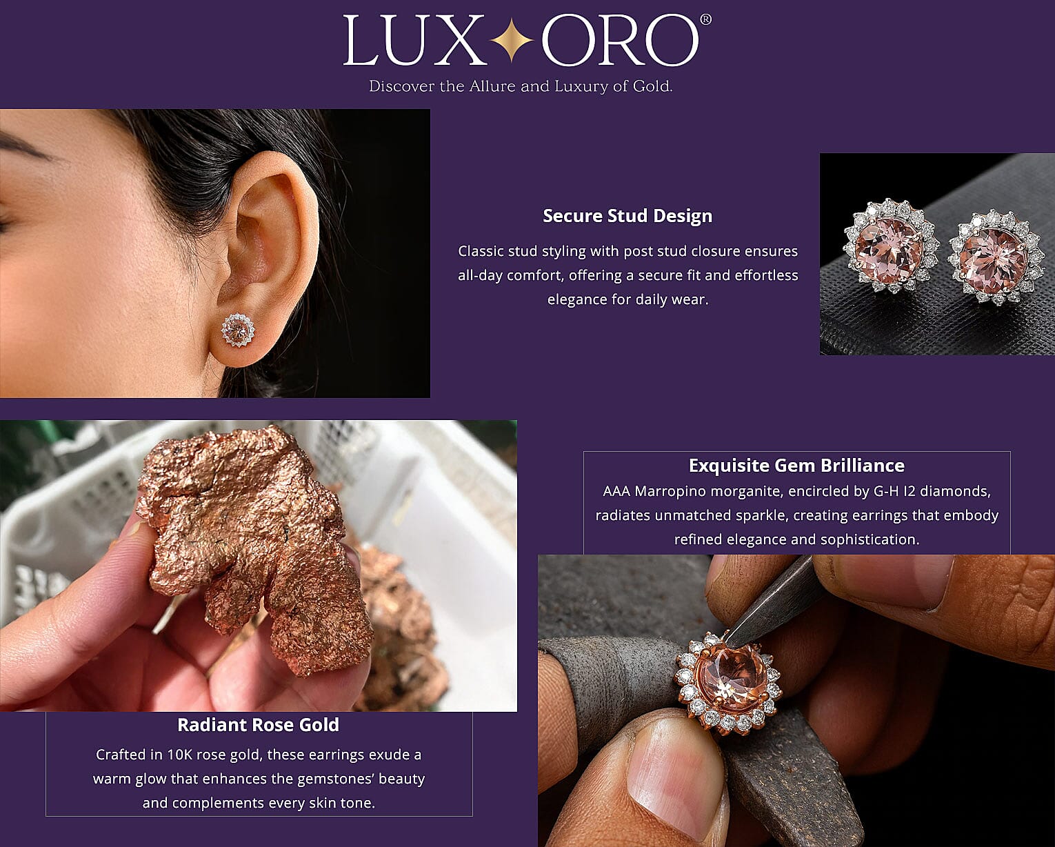 Certified & Appraised Luxoro AAA Marropino Morganite and G-H I2 Diamond 3.22 ctw Stud Earrings in 10K Rose Gold (Del. in 10-15 Days) Banner