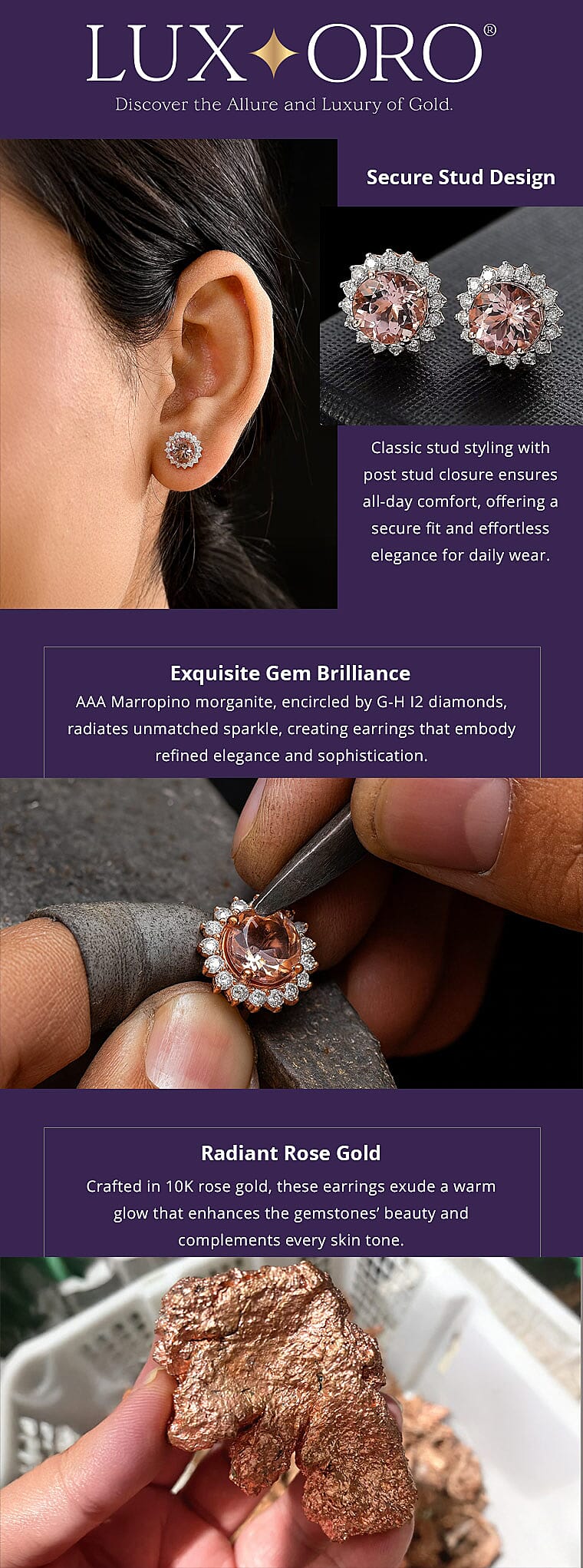 Certified & Appraised Luxoro AAA Marropino Morganite and G-H I2 Diamond 3.22 ctw Stud Earrings in 10K Rose Gold (Del. in 10-15 Days) Banner