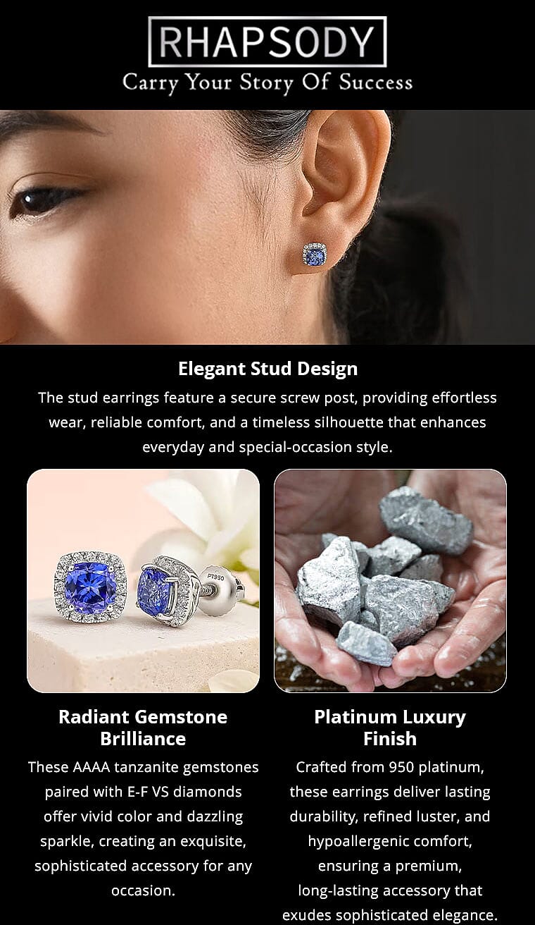 Certified & Appraised Rhapsody AAAA Tanzanite and E-F VS Diamond 2.80 ctw Stud Earrings in 950 Platinum Banner