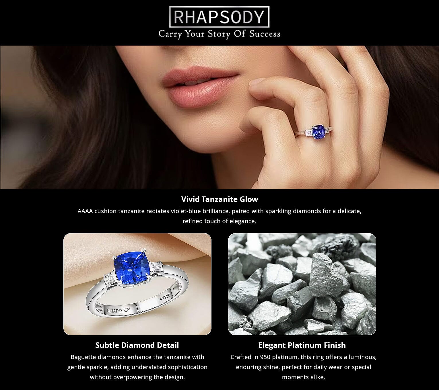 Certified & Appraised Rhapsody AAAA Tanzanite and E-F VS Diamond 1.55 ctw Ring in 950 Platinum 4.87 Grams (Del. in 10-15 Days) Banner