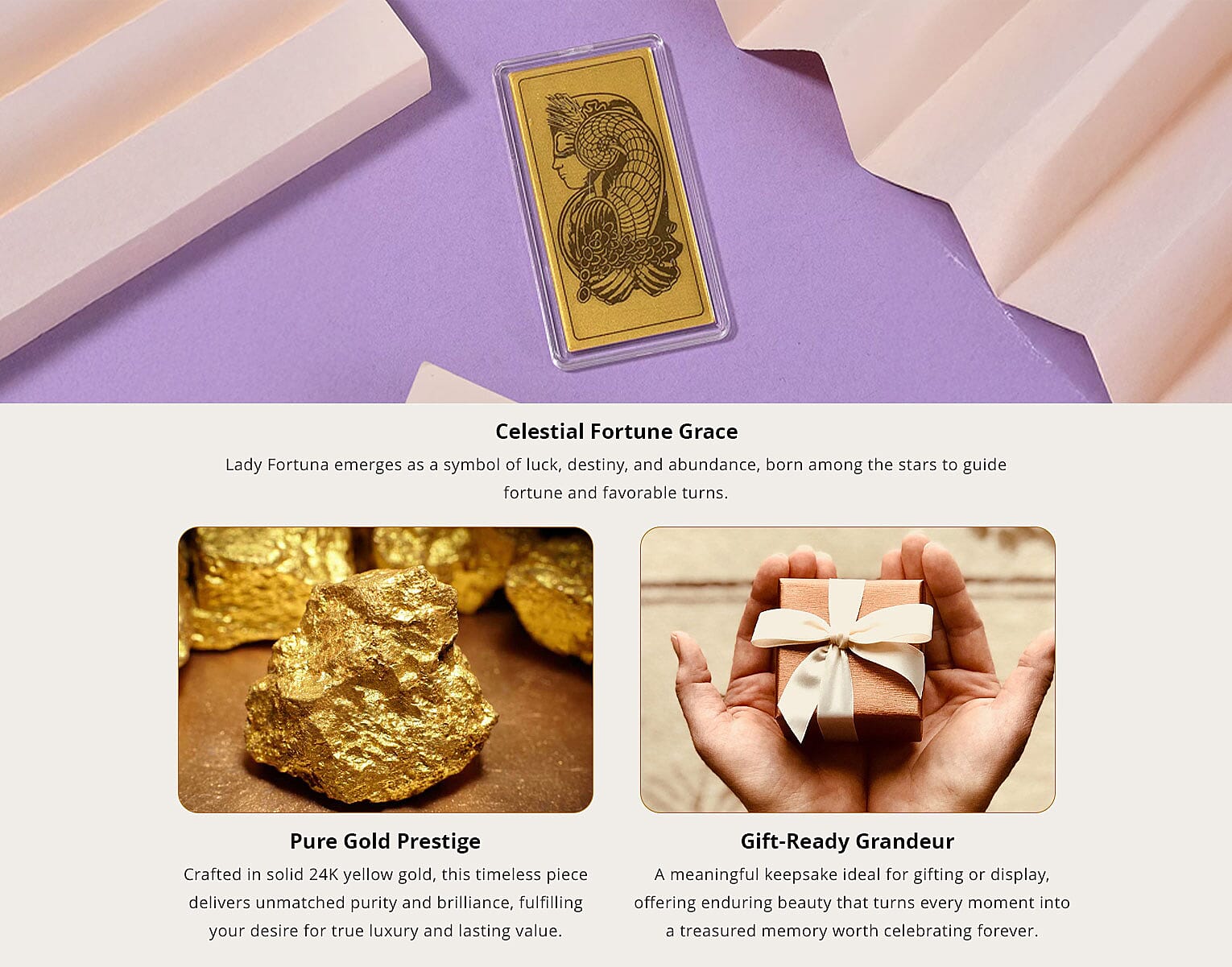 24K Gold Lady Fortuna Blessing Emboss Sheet 55x30mm 100mg Banner