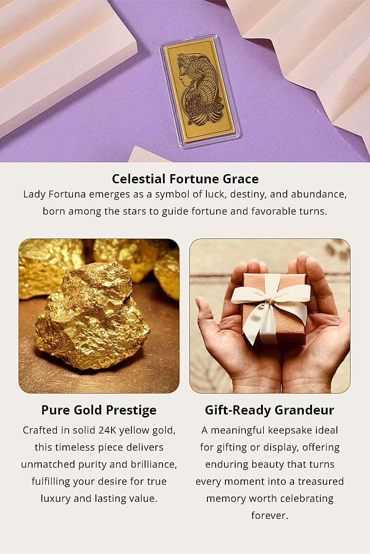 24K Gold Lady Fortuna Blessing Emboss Sheet 55x30mm 100mg Banner