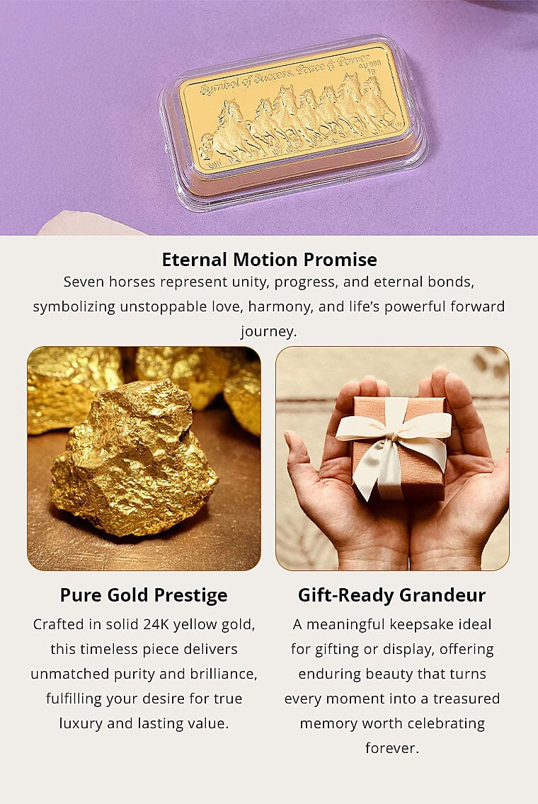 24K Gold Seven Horses of Fortune – Symbol of Speed, Success & Prosperity, 3D Embossed Sheet (40x20 mm) 1 g Banner