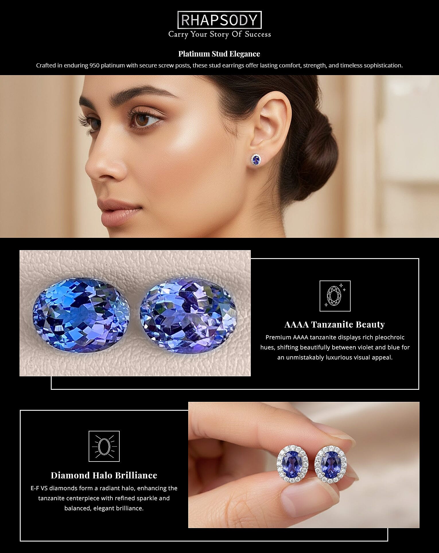Certified & Appraised Rhapsody AAAA Tanzanite and E-F VS Diamond 2.27 ctw Stud Earrings Banner