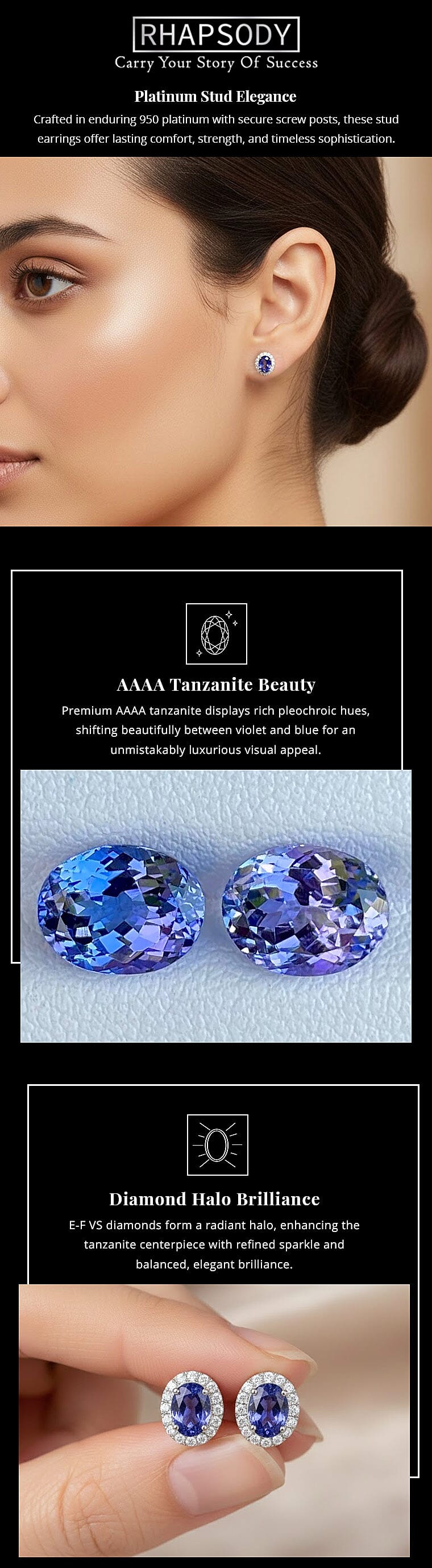 Certified & Appraised Rhapsody AAAA Tanzanite and E-F VS Diamond 2.27 ctw Stud Earrings Banner