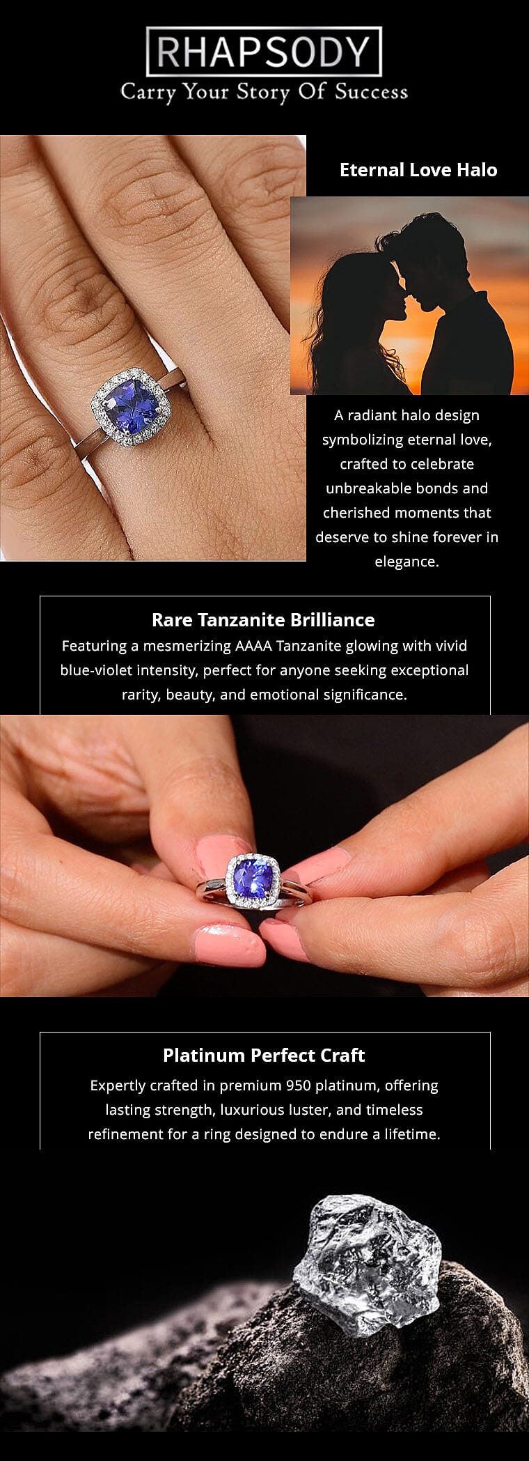 Certified & Appraised Rhapsody AAAA Tanzanite and E-F VS Diamond 3.21 ctw Halo Ring in 950 Platinum 5.10 Grams Banner