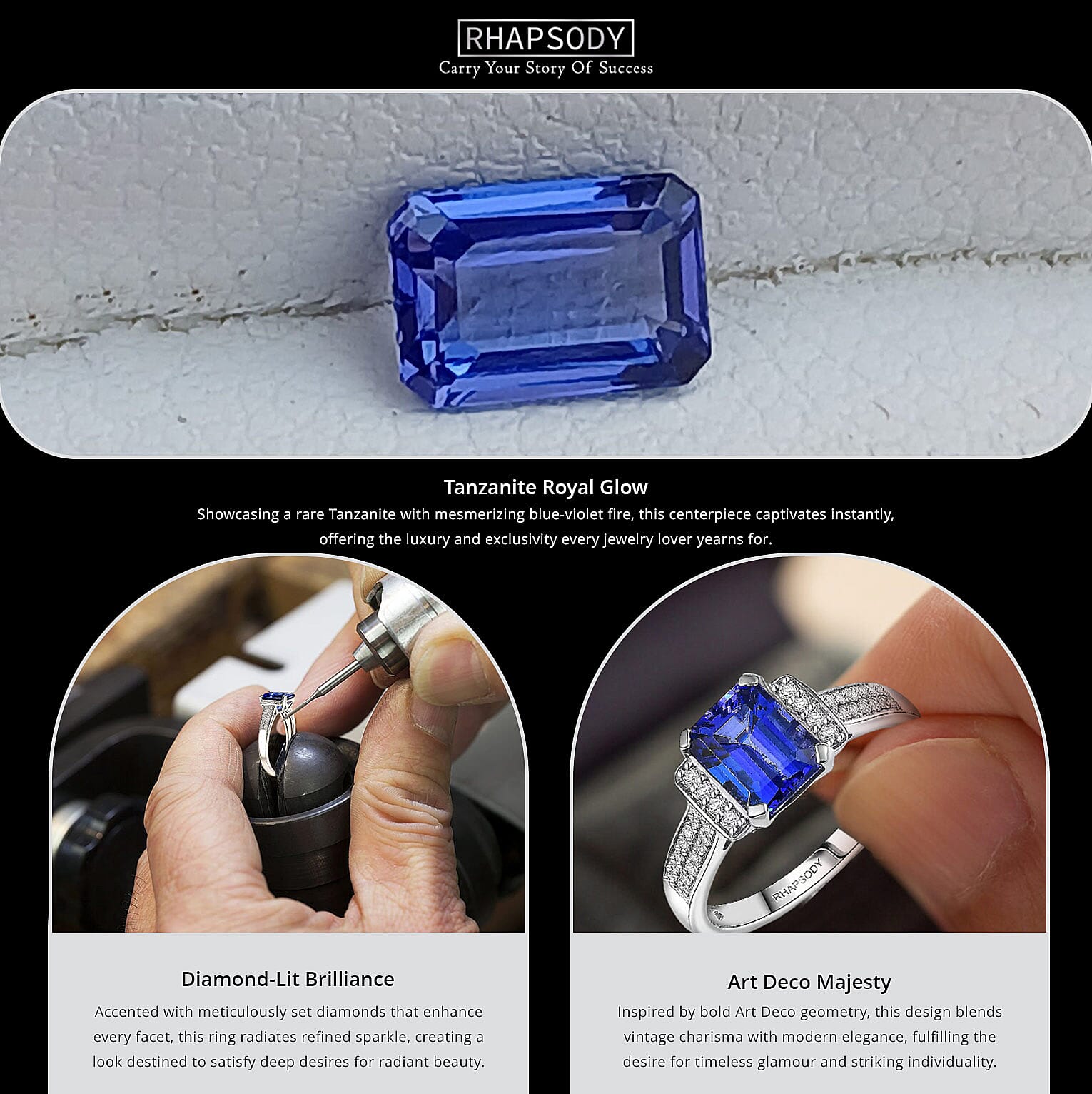 Certified & Appraised Rhapsody AAAA Tanzanite and E-F VS Diamond 3.10 ctw Ring Banner