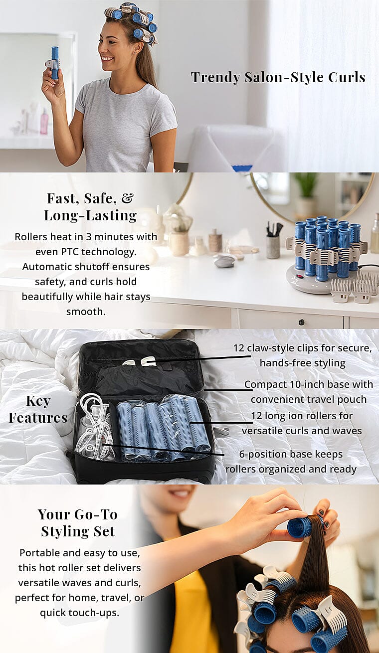 Clalista Tools Icon Hot Roller 6 Roller Base, 12 Hair Clips, 12 Long Ion Rollers, One Travel Pouch - Repack Grade B Banner