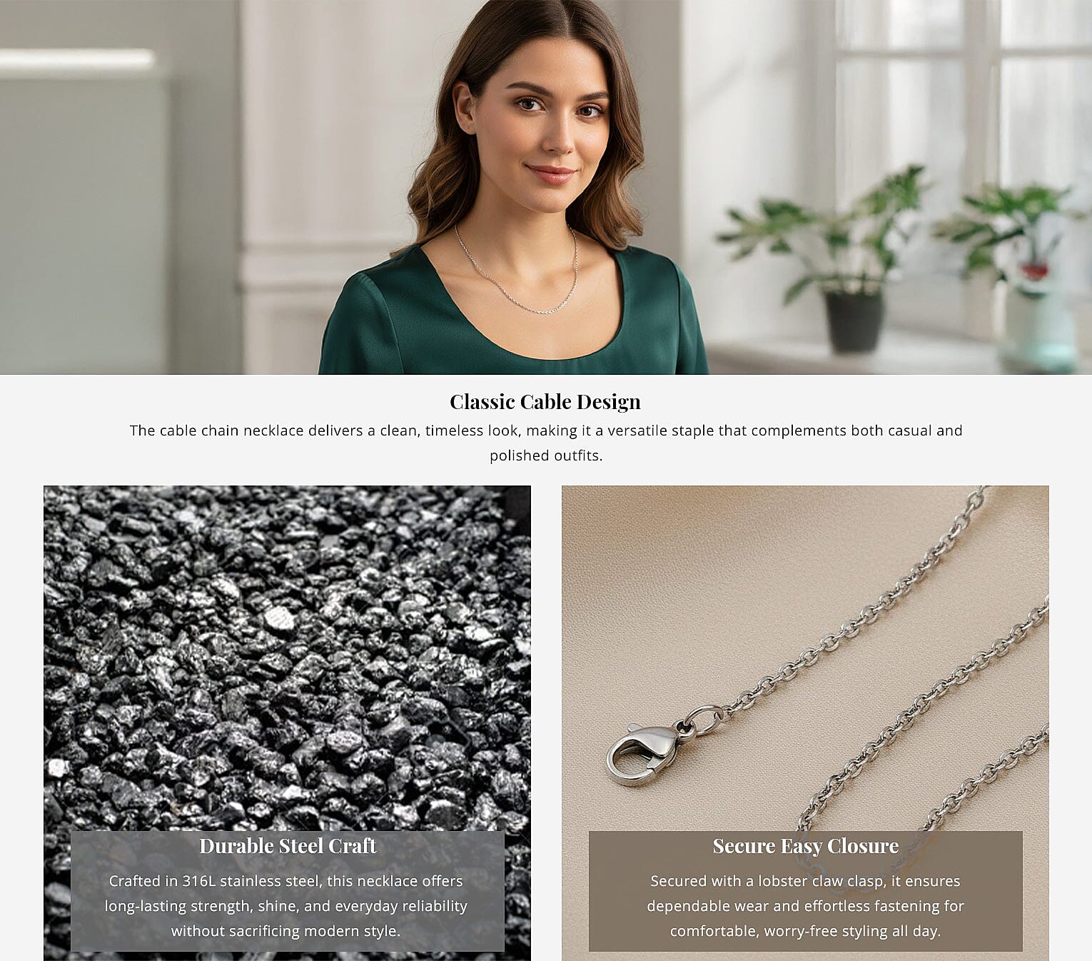 Cable Chain Necklace in Stainless Steel 18 Inches Banner