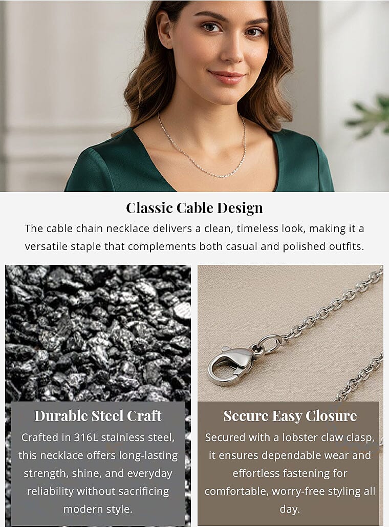 Cable Chain Necklace in Stainless Steel 18 Inches Banner