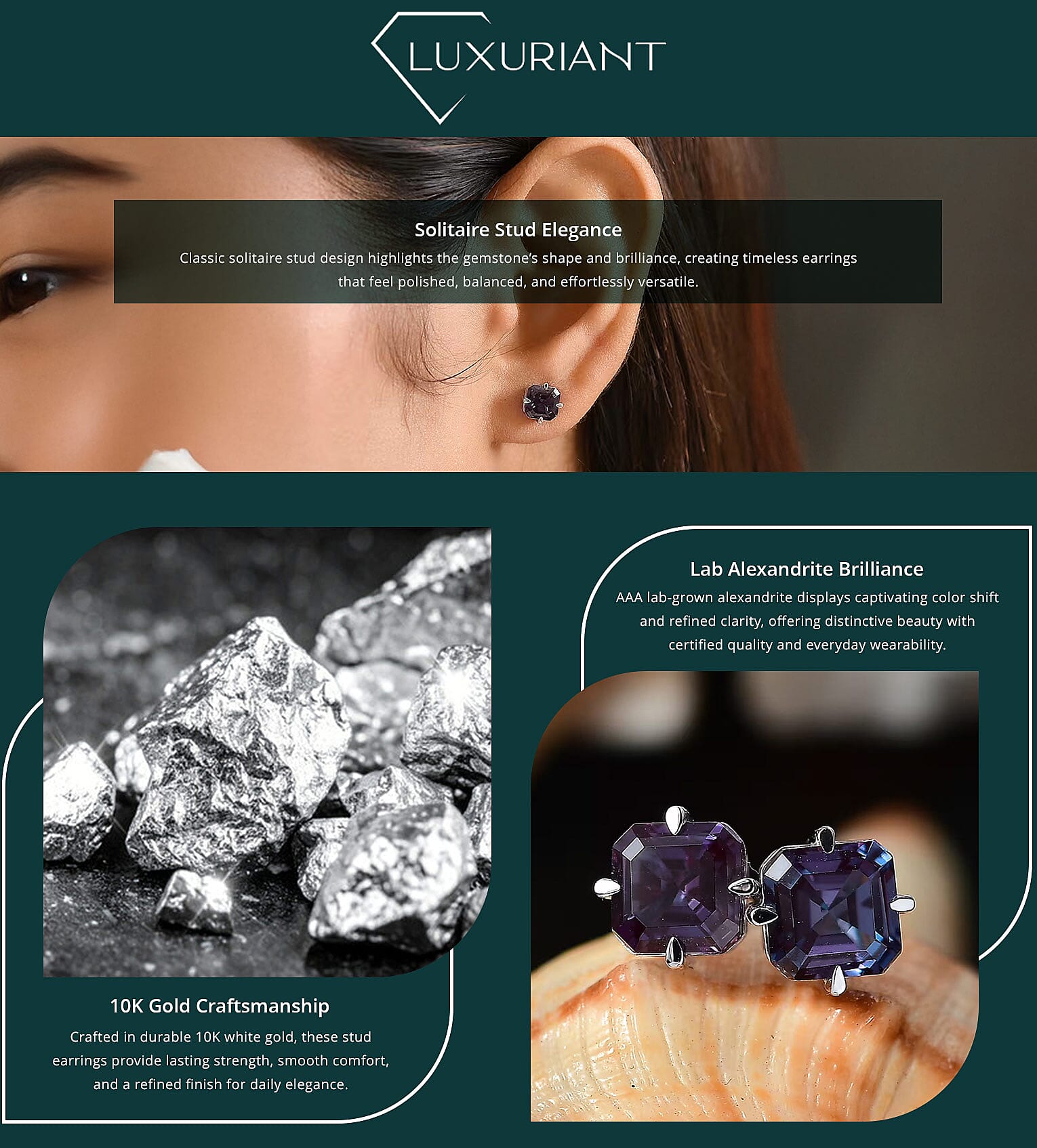 AAA Asscher Cut Luxuriant Lab Grown Alexandrite 2.45 ctw Solitaire Stud Earrings in 10K White Gold Banner