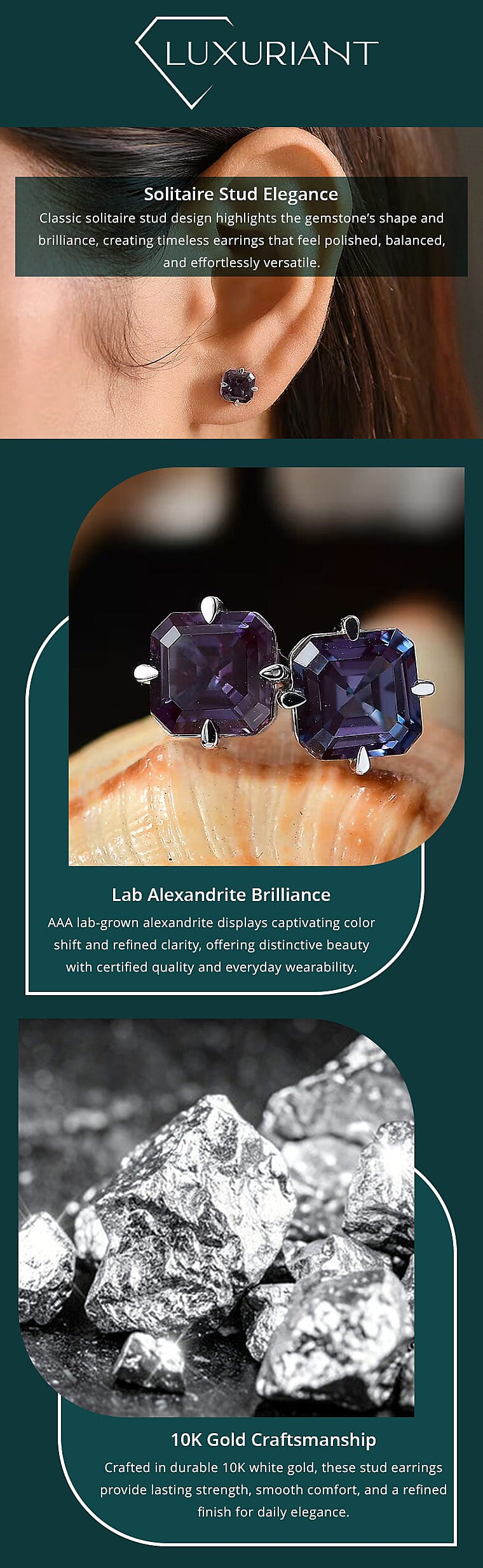 AAA Asscher Cut Luxuriant Lab Grown Alexandrite 2.45 ctw Solitaire Stud Earrings in 10K White Gold Banner