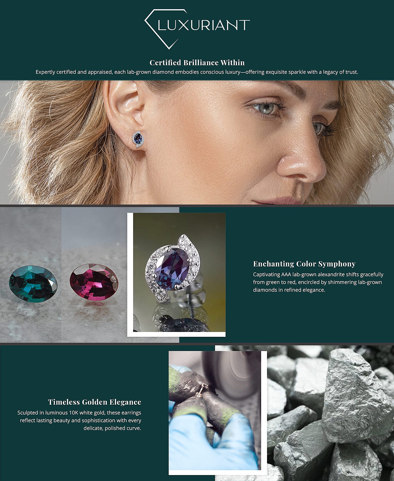 Certified & Appraised AAA Luxuriant Lab Grown Alexandrite and G-H SI Lab Grown Diamond 3.73 ctw Earrings Banner
