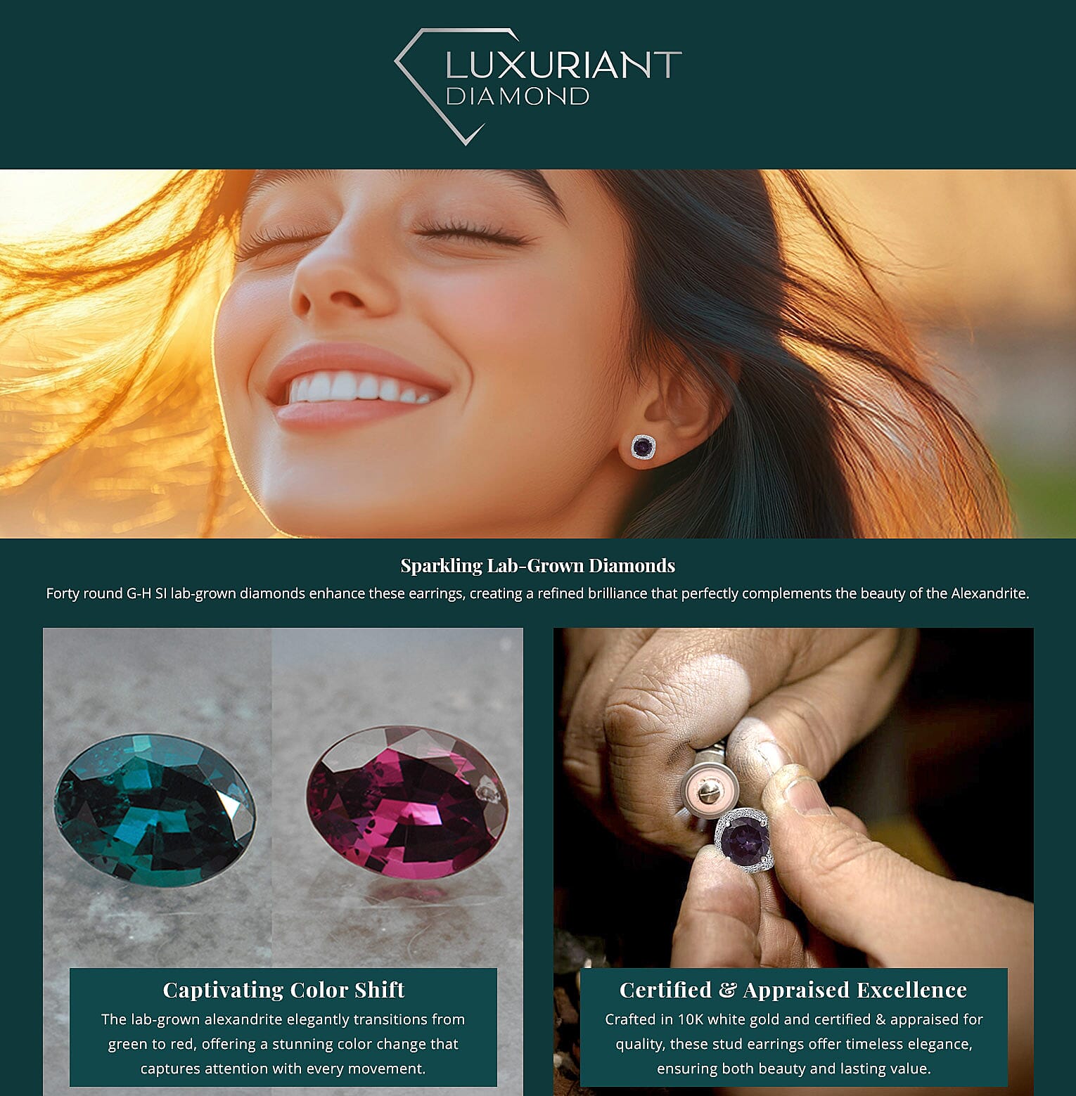 Certified & Appraised AAA Luxuriant Lab Grown Alexandrite and G-H SI Lab Grown Diamond 2.90 ctw Earrings Banner