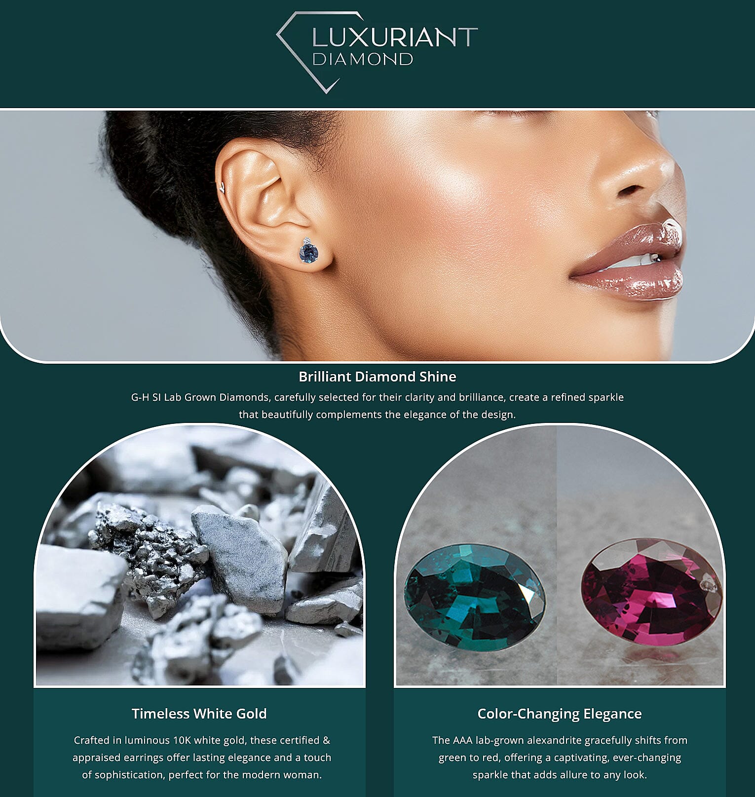 Certified & Appraised AAA Luxuriant Lab Grown Alexandrite and G-H SI Lab Grown Diamond 2.68 ctw Earrings Banner