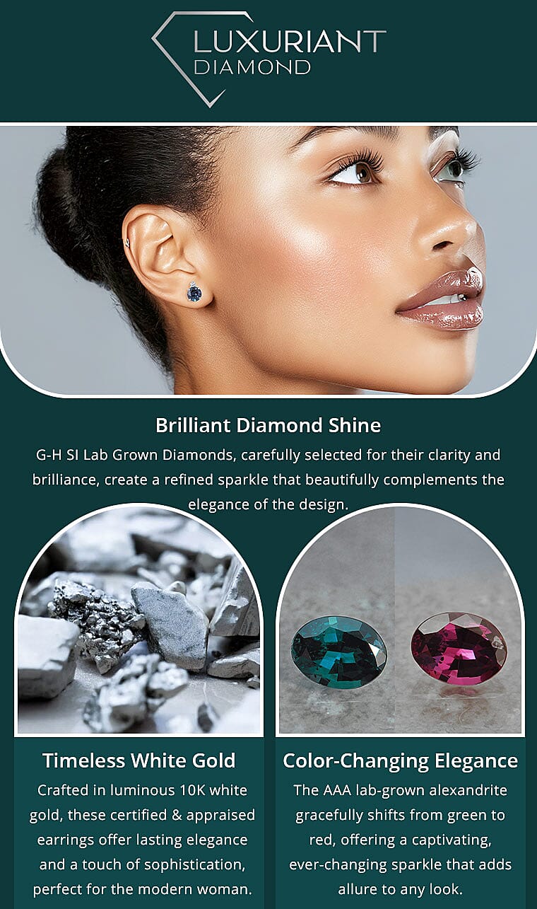 Certified & Appraised AAA Luxuriant Lab Grown Alexandrite and G-H SI Lab Grown Diamond 2.68 ctw Earrings Banner