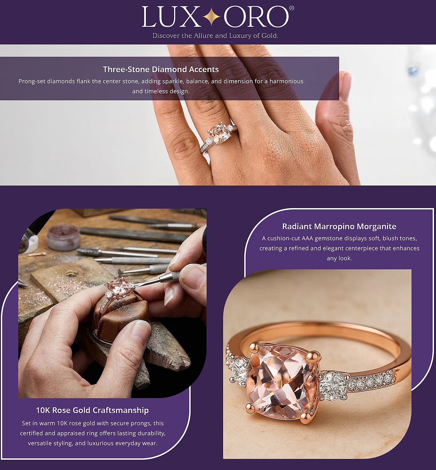 Certified & Appraised Luxoro AAA Marropino Morganite and G-H I2 Diamond 3.06 ctw Ring in 10K Rose Gold (Del. in 10-15 Days) Banner