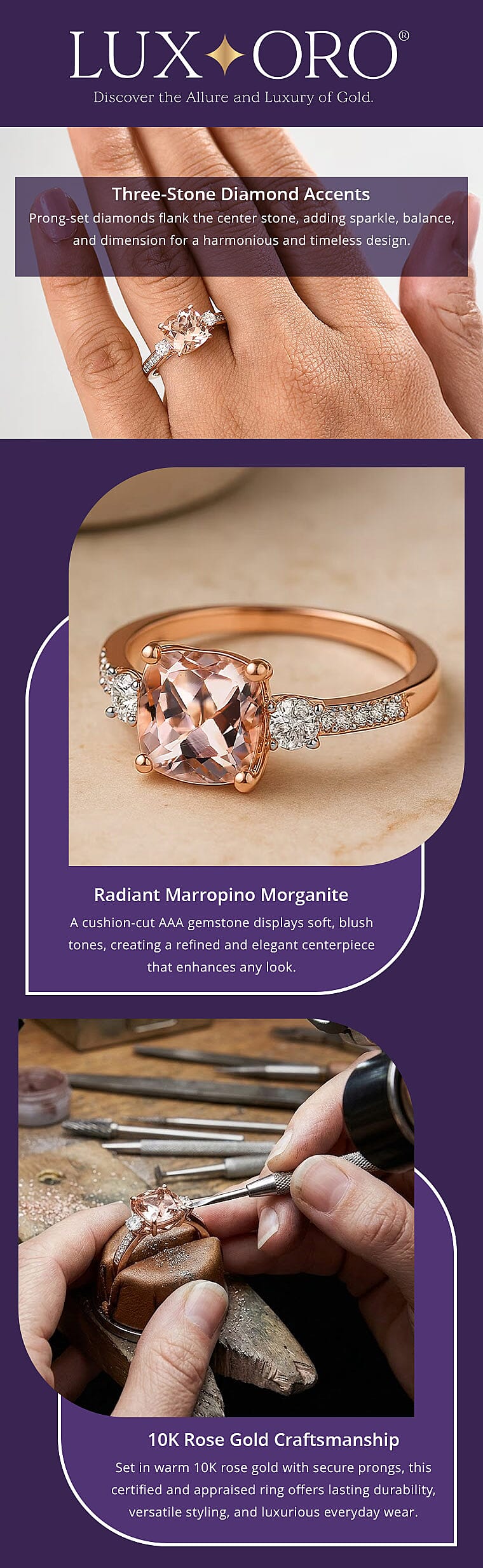 Certified & Appraised Luxoro AAA Marropino Morganite and G-H I2 Diamond 3.06 ctw Ring in 10K Rose Gold (Del. in 10-15 Days) Banner