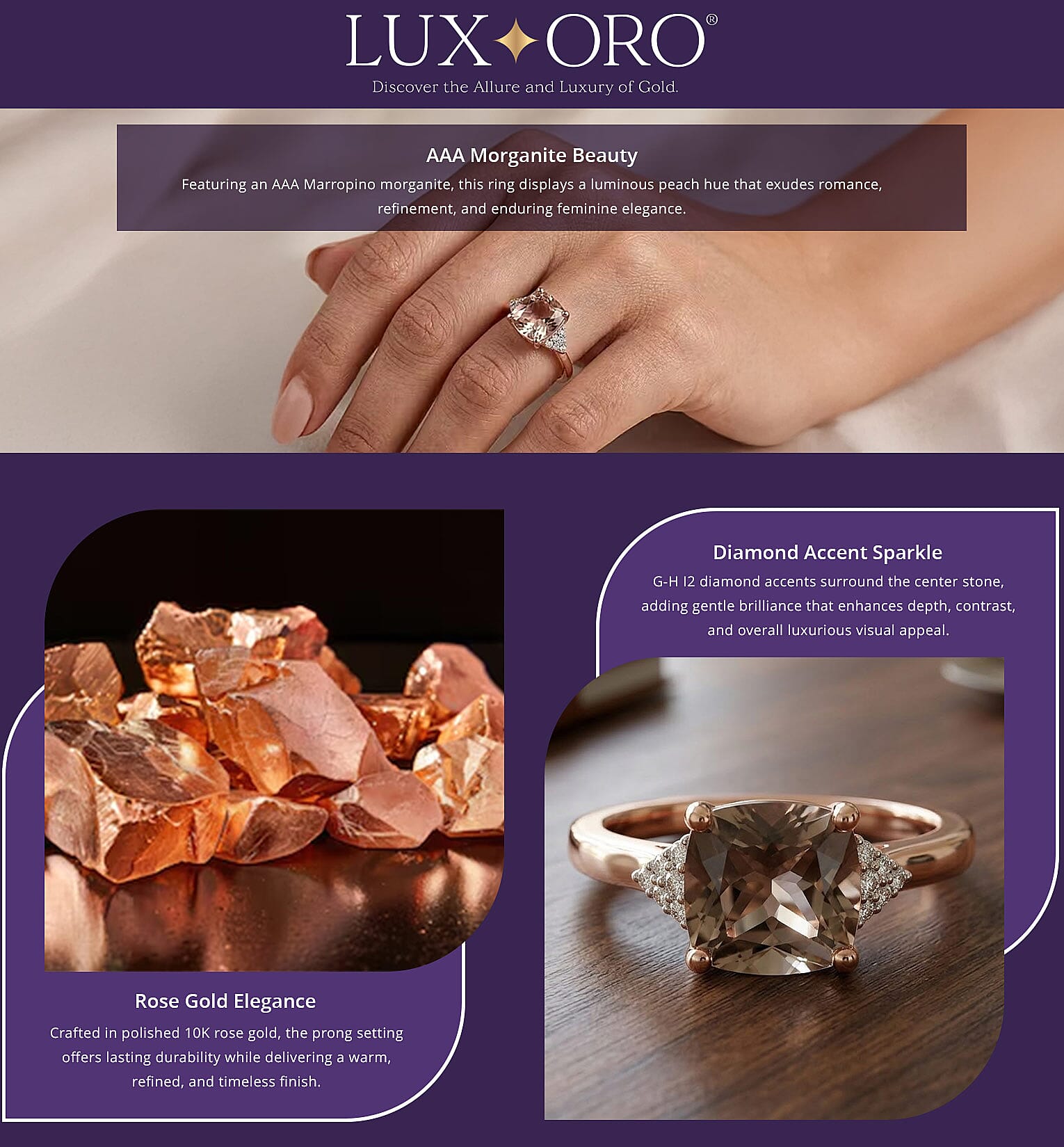 Certified & Appraised Luxoro AAA Marropino Morganite and G-H I2 Diamond 3.21 ctw Ring in 10K Rose Gold (Del. in 10-15 Days) Banner
