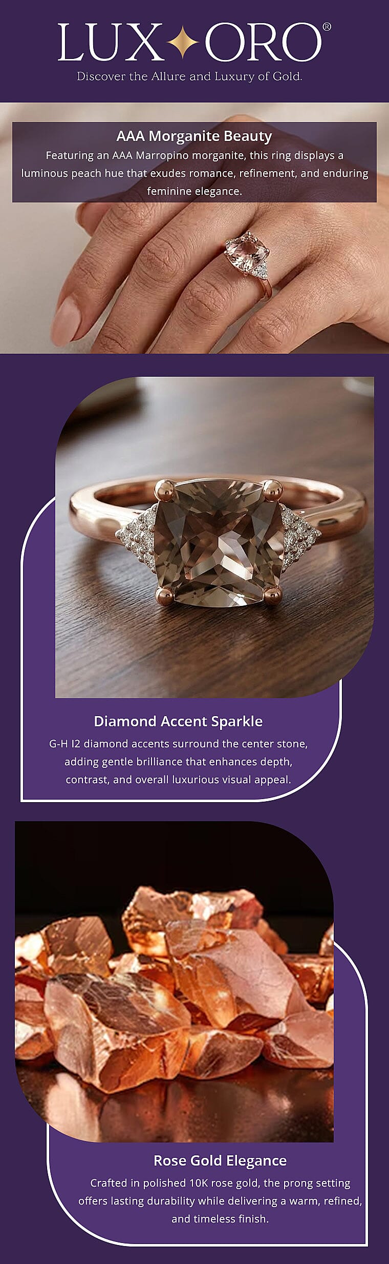 Certified & Appraised Luxoro AAA Marropino Morganite and G-H I2 Diamond 3.21 ctw Ring in 10K Rose Gold (Del. in 10-15 Days) Banner