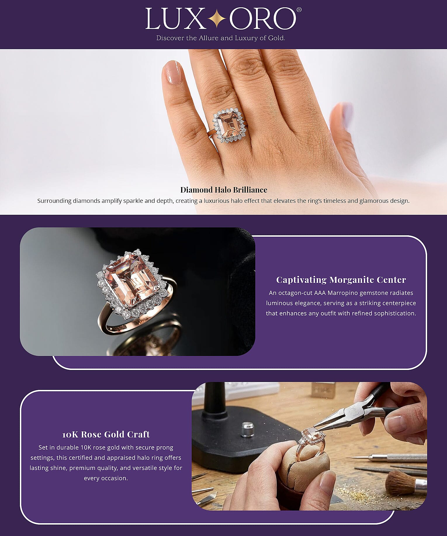 Certified & Appraised Luxoro AAA Marropino Morganite and G-H I2 Diamond 6.43 ctw Ring in 10K Rose Gold (Del. in 10-15 Days) Banner