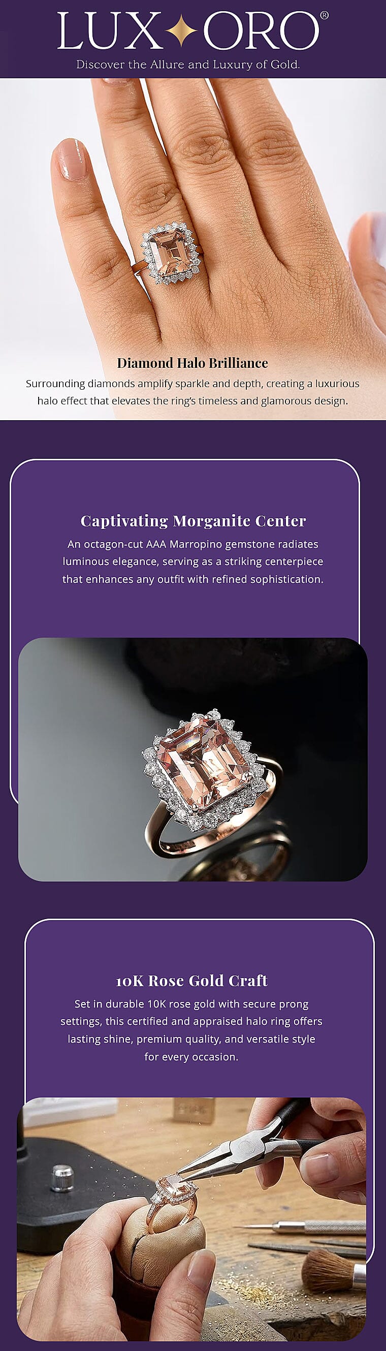 Certified & Appraised Luxoro AAA Marropino Morganite and G-H I2 Diamond 6.43 ctw Ring in 10K Rose Gold (Del. in 10-15 Days) Banner