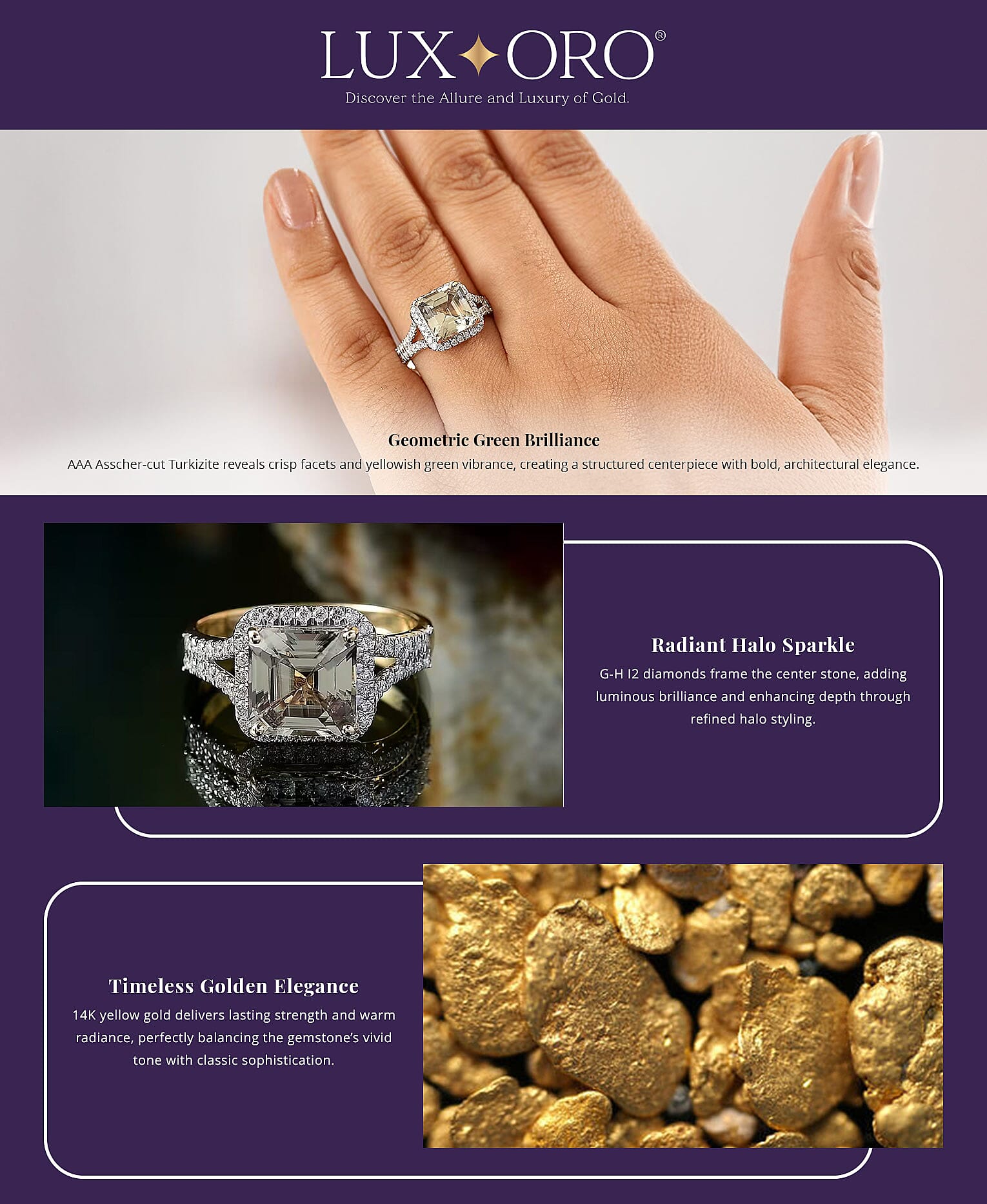 Luxoro AAA Asscher Cut Turkizite, Diamond Ring in 14K Yellow Gold 4.68 ctw Banner