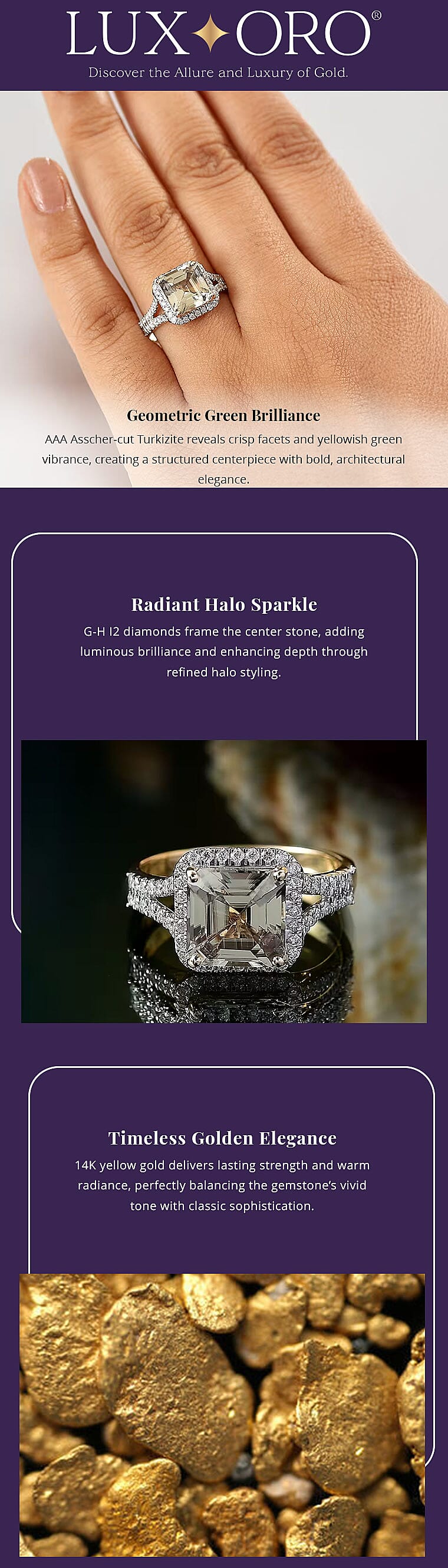 Luxoro AAA Asscher Cut Turkizite, Diamond Ring in 14K Yellow Gold 4.68 ctw Banner