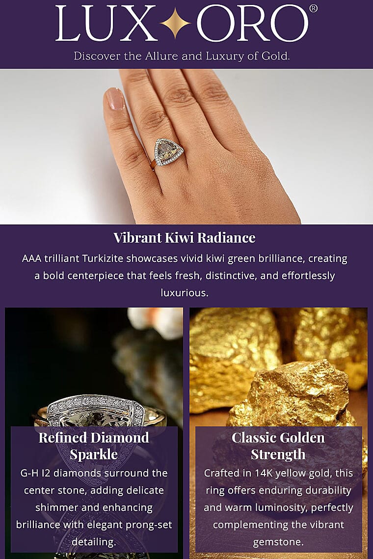 Certified & Appraised Luxoro AAA Turkizite and G-H I2 Diamond 4.16 ctw Ring in 14K Yellow Gold 4.32 Grams (Del. in 10-15 Days) Banner