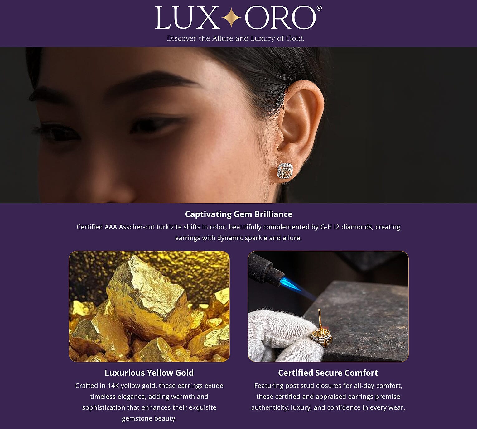 Certified & Appraised Luxoro AAA Asscher Cut Turkizite and G-H I2 Diamond 3.00 ctw Halo Stud Earrings in 14K Yellow Gold (Del. in 10-15 Days) Banner