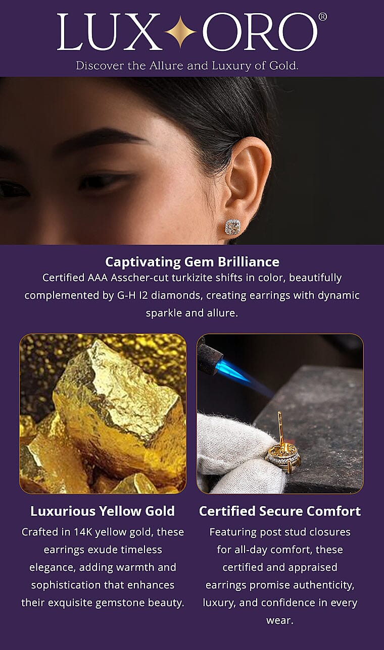 Certified & Appraised Luxoro AAA Asscher Cut Turkizite and G-H I2 Diamond 3.00 ctw Halo Stud Earrings in 14K Yellow Gold (Del. in 10-15 Days) Banner