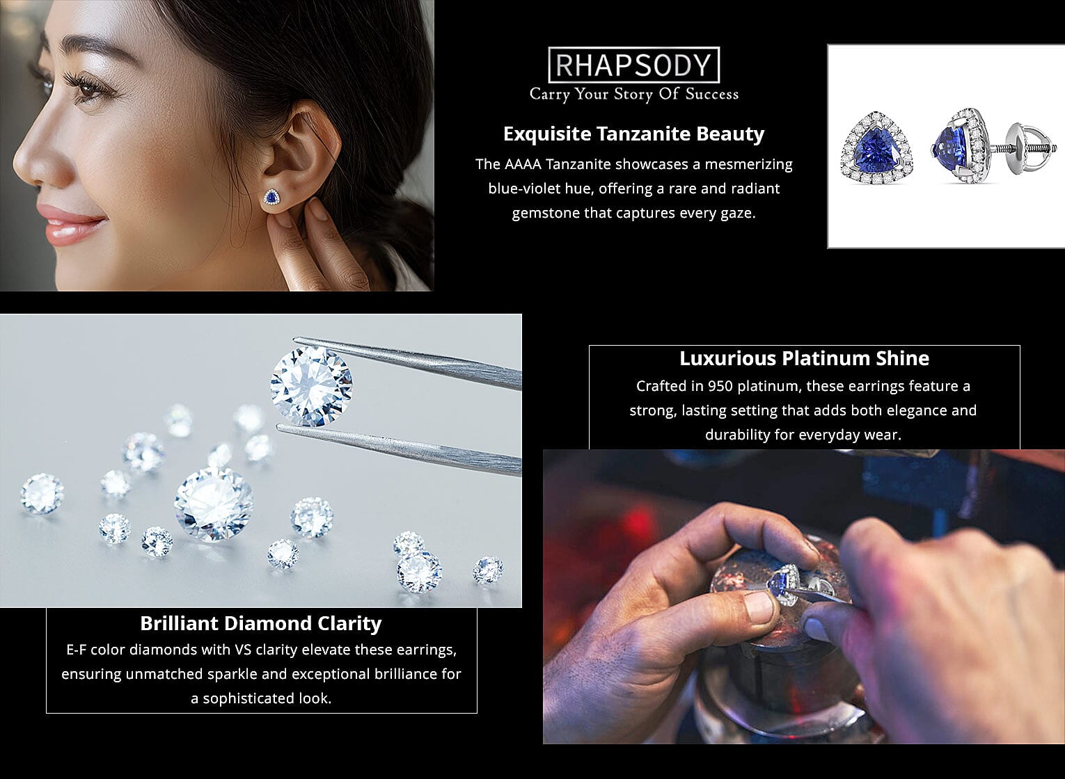 Certified & Appraised Rhapsody 950 Platinum AAAA Tanzanite, Diamond (E-F, VS) Earrings Banner