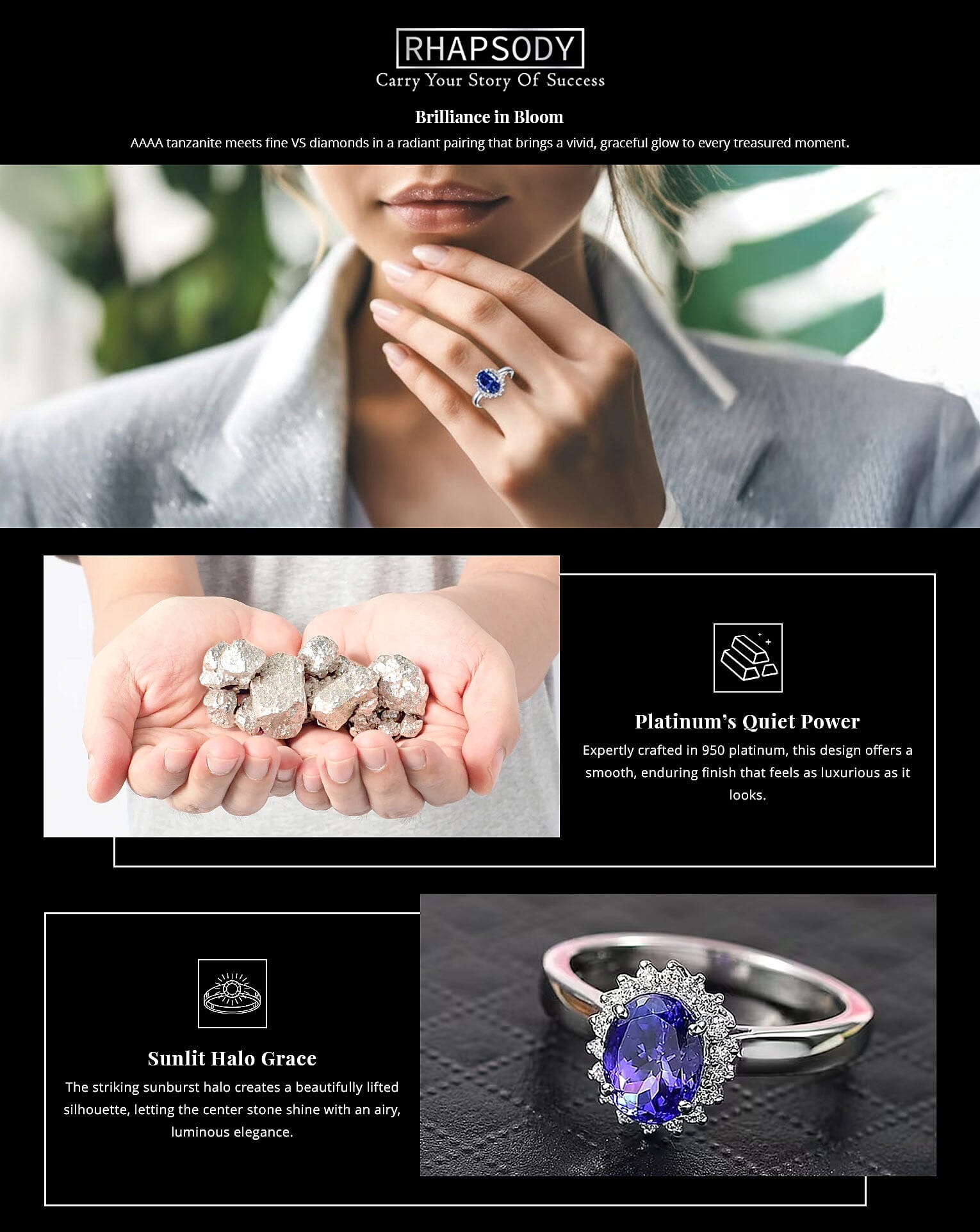 Certified & Appraised Rhapsody AAAA Tanzanite and Diamond E-F VS 1.70 ctw Sunburst Ring Banner