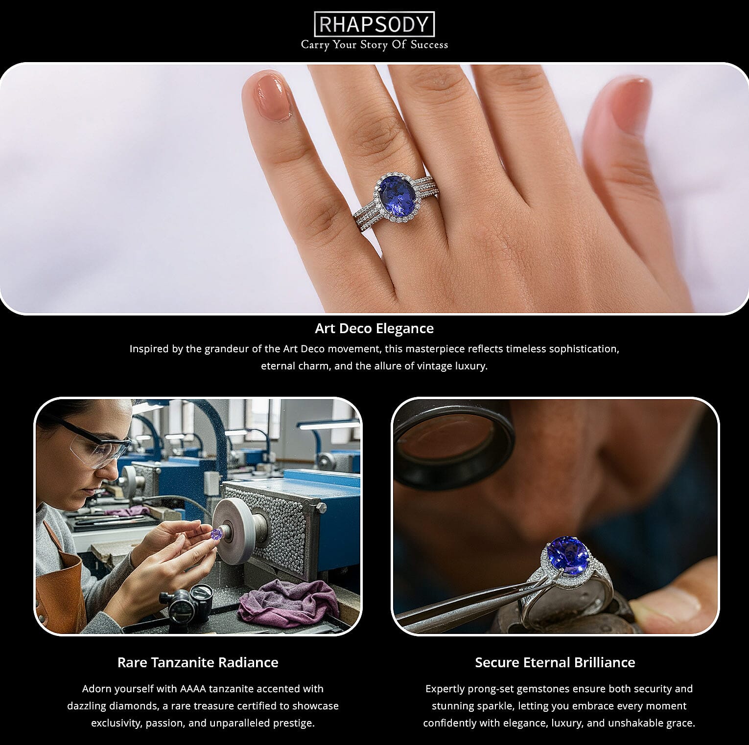 Certified & Appraised Rhapsody AAAA Tanzanite and E-F VS Diamond 4.10 ctw Ring in 950 Platinum 7.90 Grams Banner