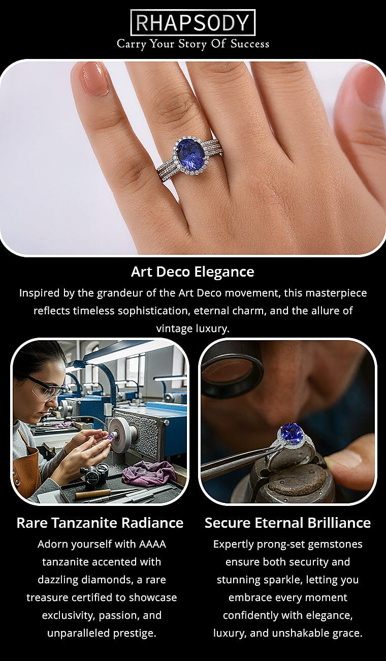 Certified & Appraised Rhapsody AAAA Tanzanite and E-F VS Diamond 4.10 ctw Ring in 950 Platinum 7.90 Grams Banner