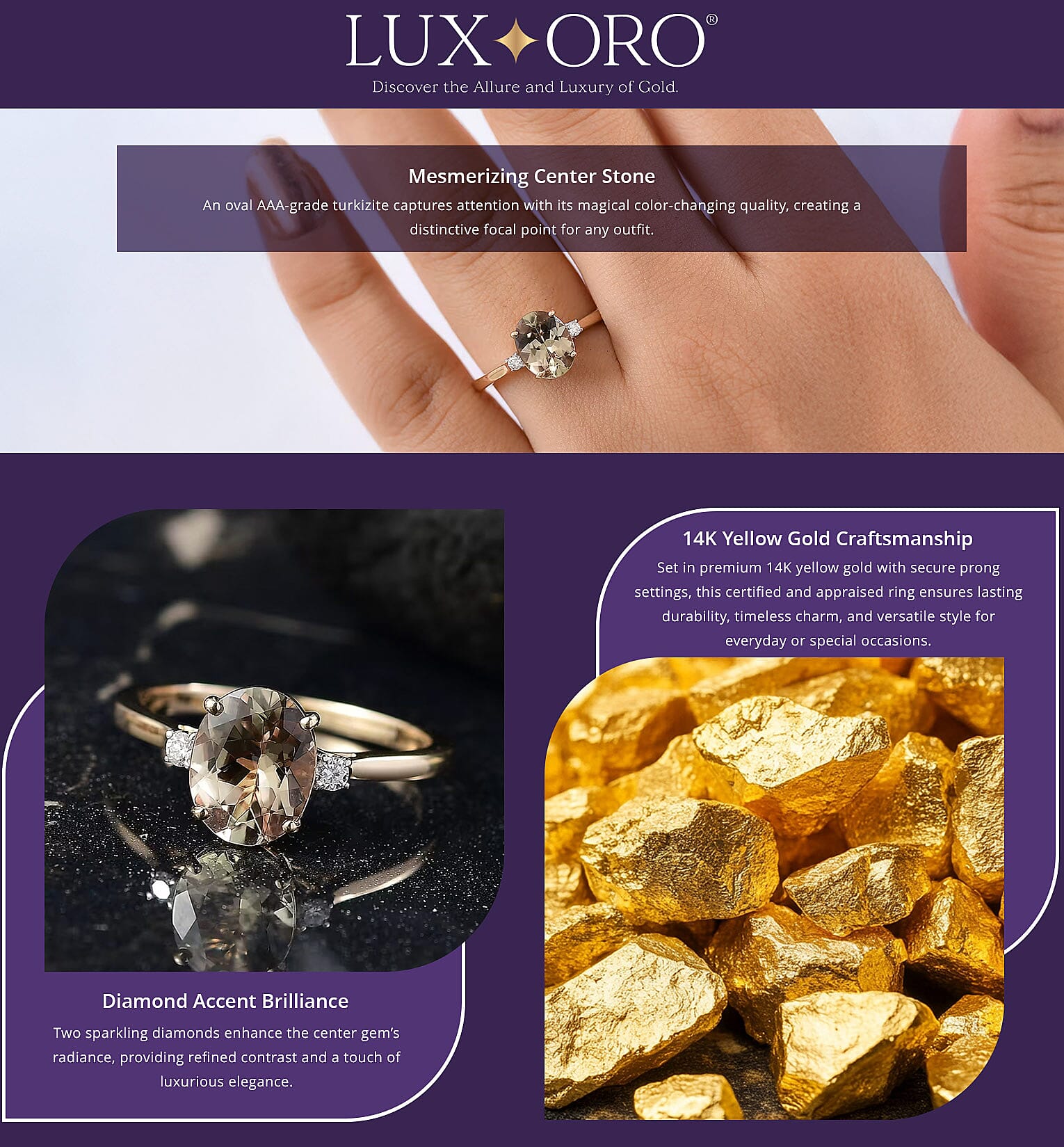 Certified & Appraised Luxoro AAA Turkizite and G-H I2 Diamond 2.32 ctw Ring in 14K Yellow Gold Banner