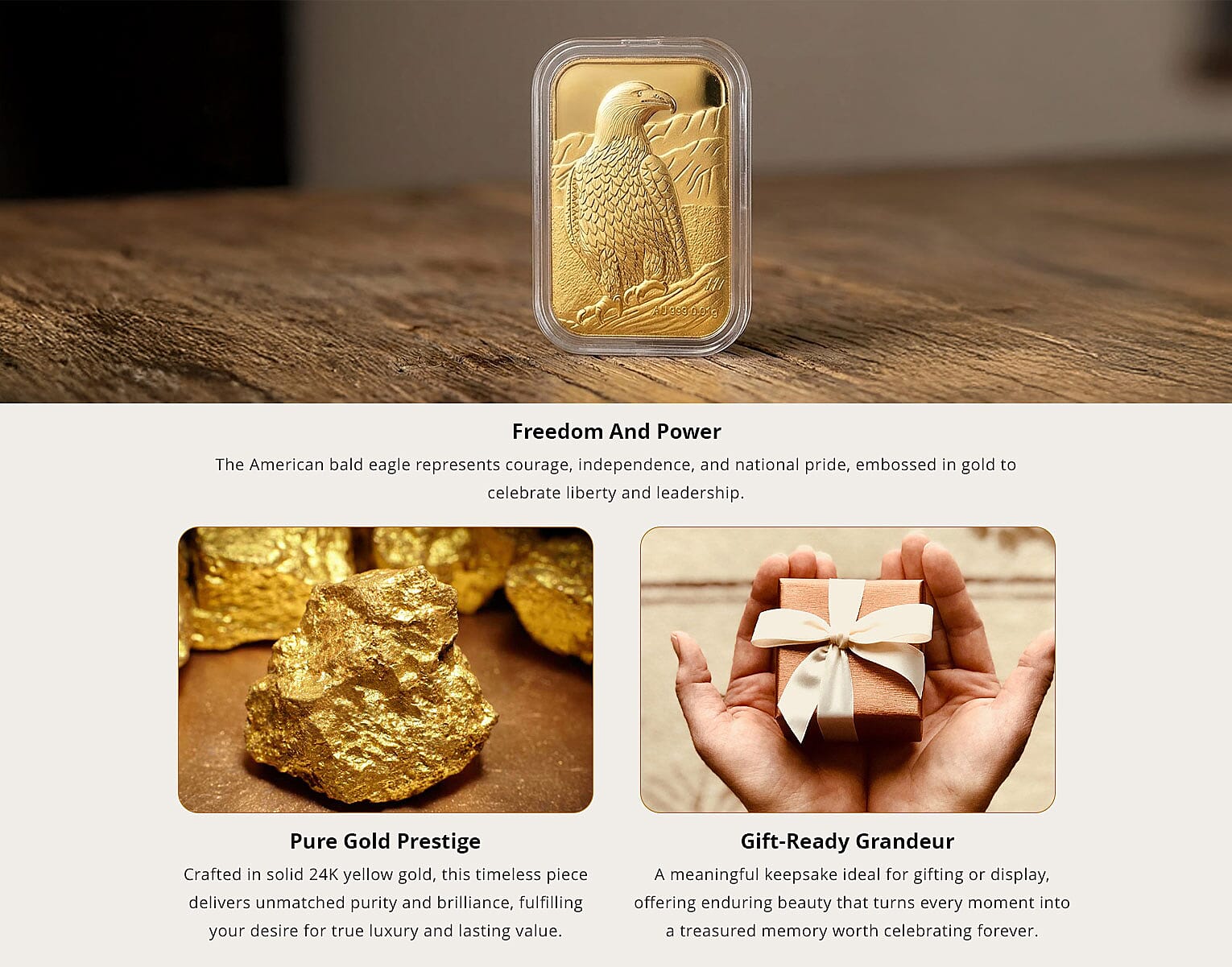 24K Gold American Bald Eagle – Symbol of Freedom & Strength Embossed Sheet 31x45.5mm 10mg Banner