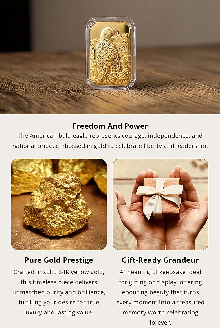 24K Gold American Bald Eagle – Symbol of Freedom & Strength Embossed Sheet 31x45.5mm 10mg Banner