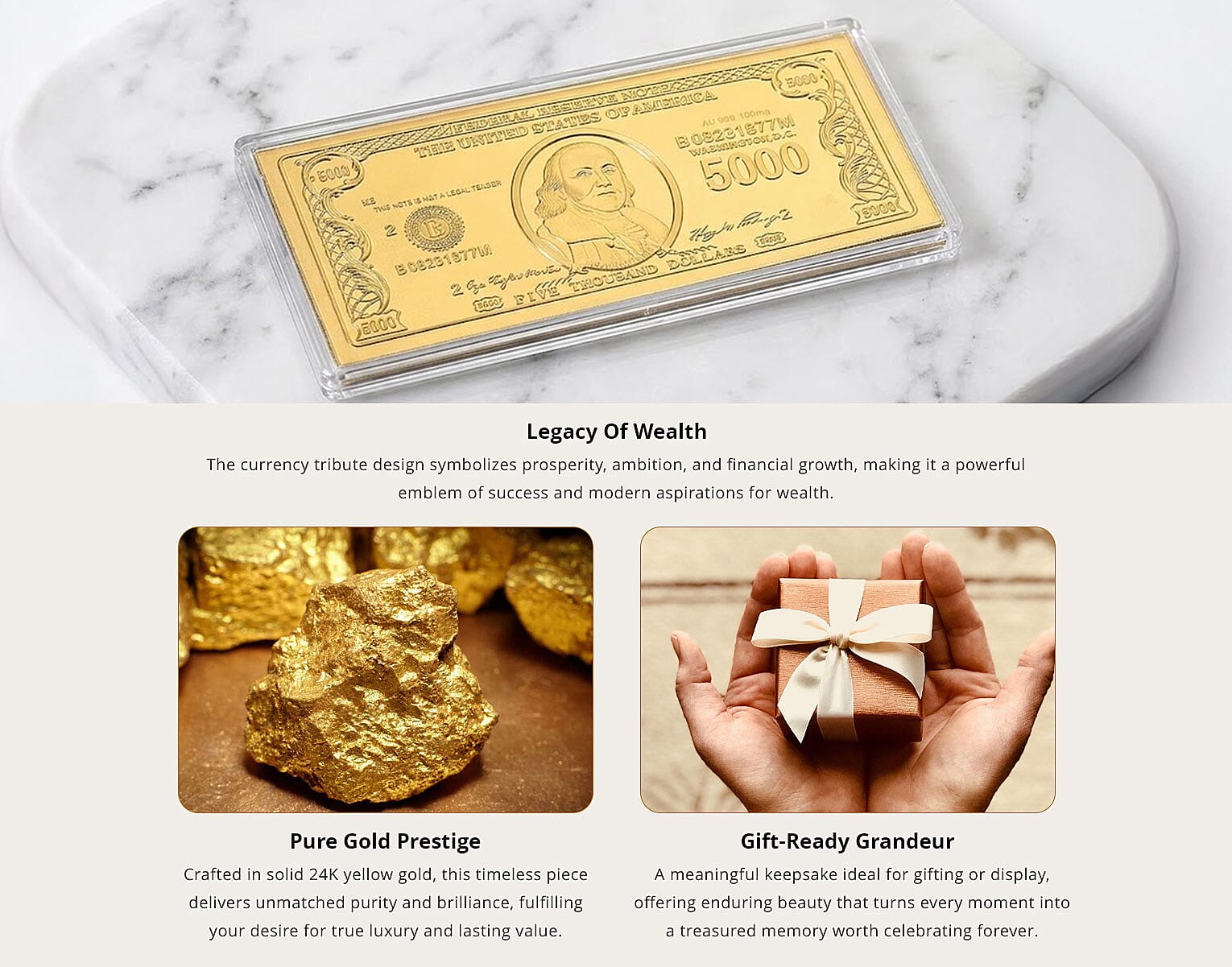 24K Gold American Wealth Legacy – Currency Tribute Embossed Sheet 155x75mm (100mg) Banner