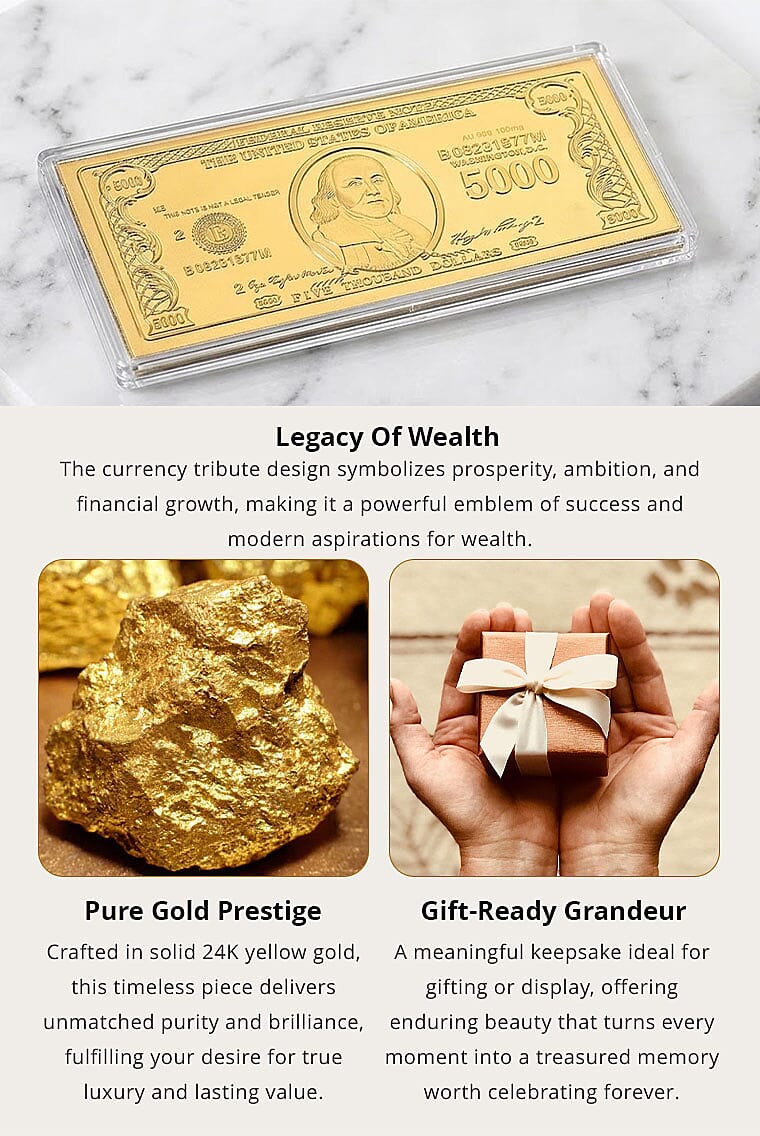 24K Gold American Wealth Legacy – Currency Tribute Embossed Sheet 155x75mm (100mg) Banner