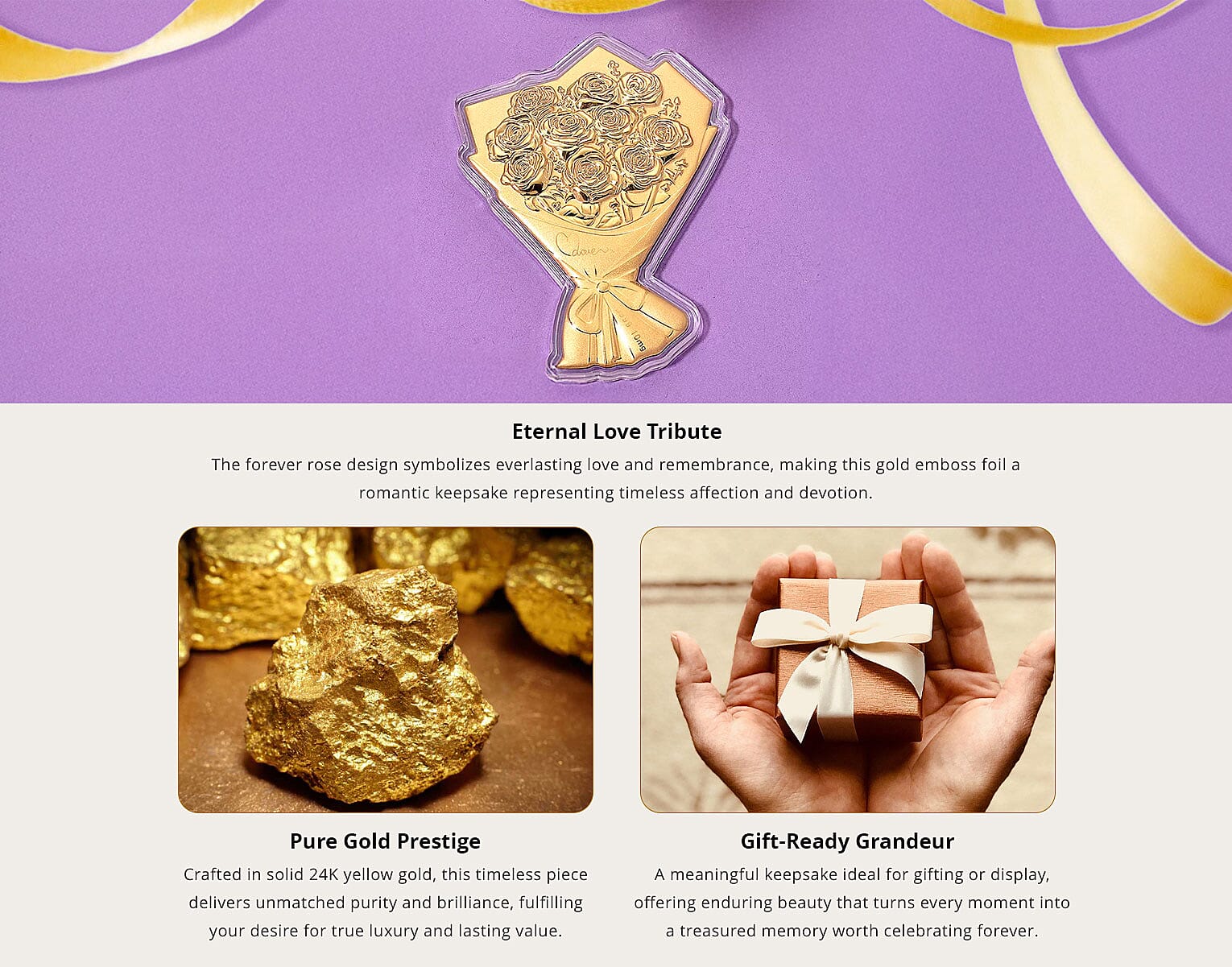 24K Golden Forever Rose Bouquet Emboss Sheet with Book Packaging 10mg Banner