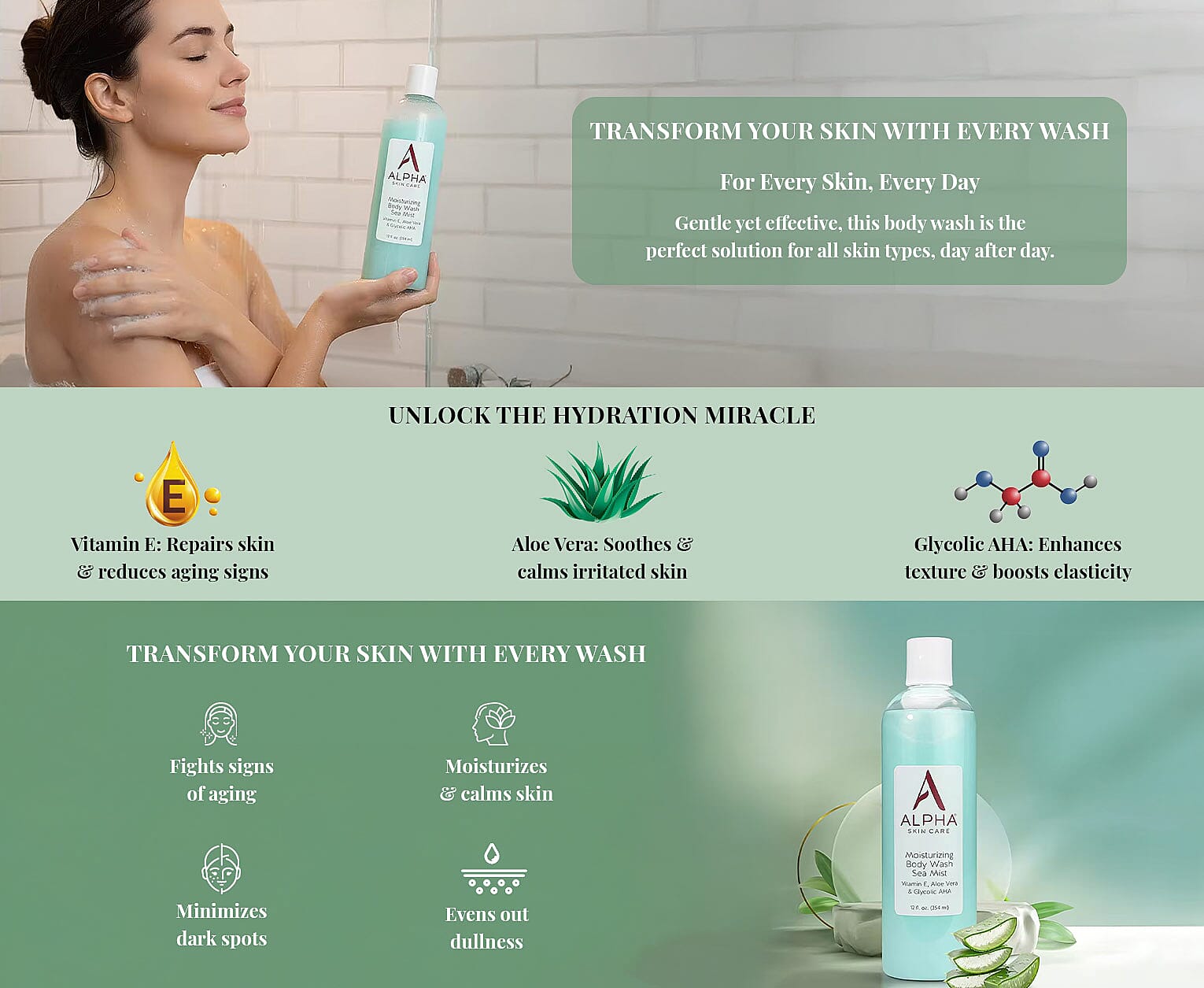 ALPHA Skincare Moisturizing Body Wash Sea Mist with Vitamin E, Aloe Vera, & Glycolic AHA (12oz) Banner