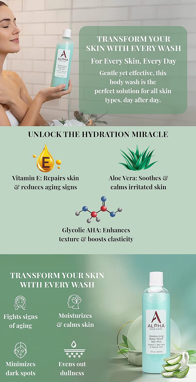 ALPHA Skincare Moisturizing Body Wash Sea Mist with Vitamin E, Aloe Vera, & Glycolic AHA (12oz) Banner