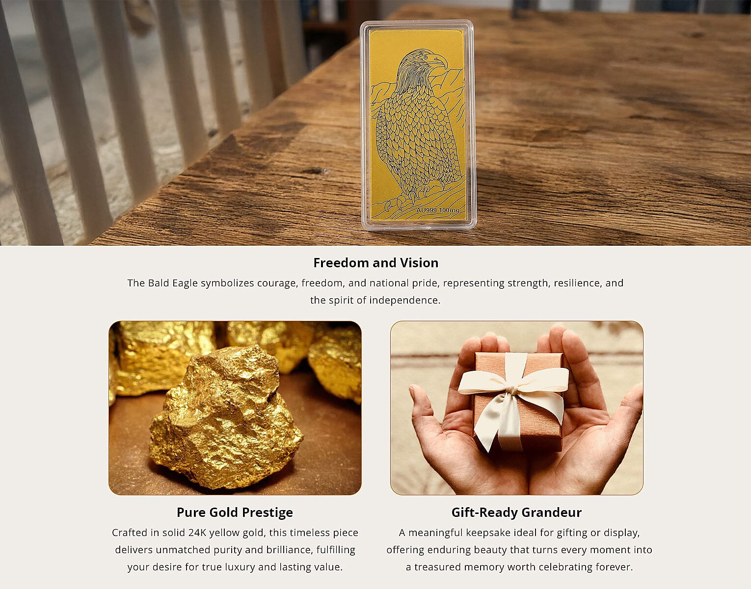 24K Gold Bald Eagle Emboss Sheet 55x30mm 100mg Banner