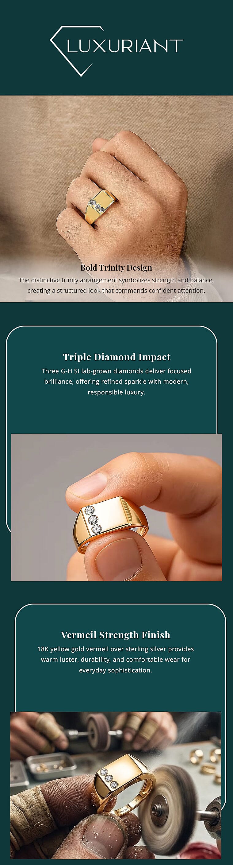 Luxuriant Lab Grown Diamond G-H SI 0.15 ctw Trinity Men's Ring in 18K Vermeil Yellow Gold Over Sterling Silver (Del. in 12-15 Days) Banner