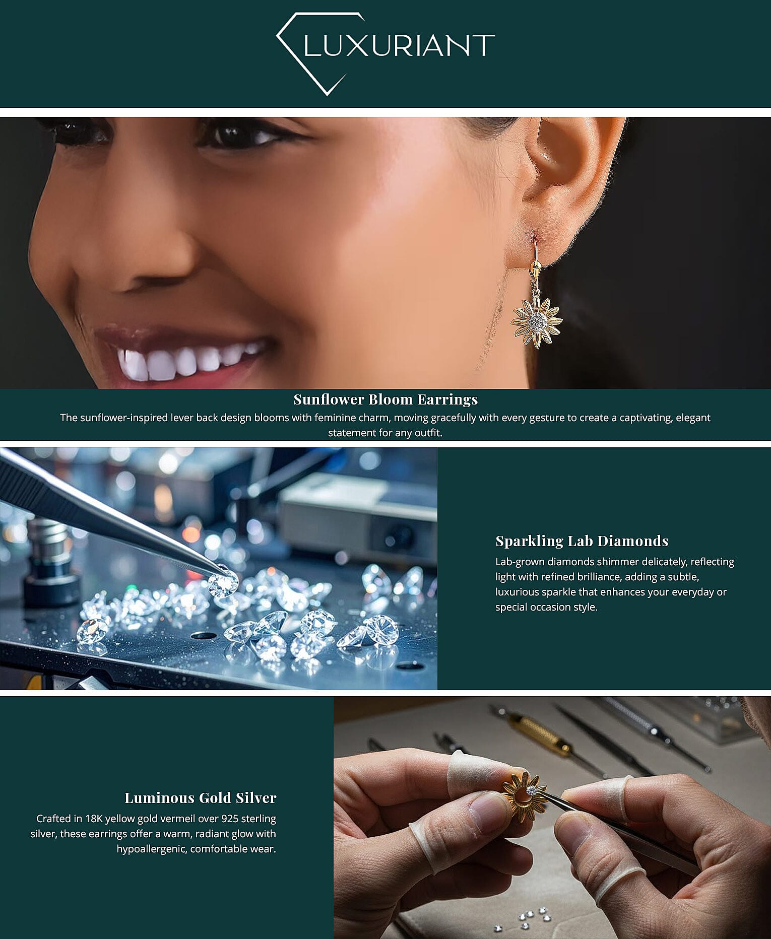 Luxuriant Lab Grown Diamond G-H SI 0.20 ctw Sunflower Bloom Lever Back Earrings in 18K Vermeil Yellow Gold Over Sterling Silver Banner