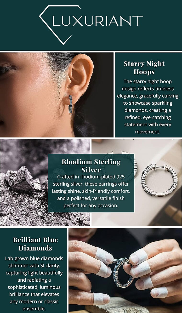 Luxuriant Lab Grown Blue Diamond (IR) SI 2.00 ctw Starry Night Hoop Earrings in Rhodium Over Sterling Silver Banner