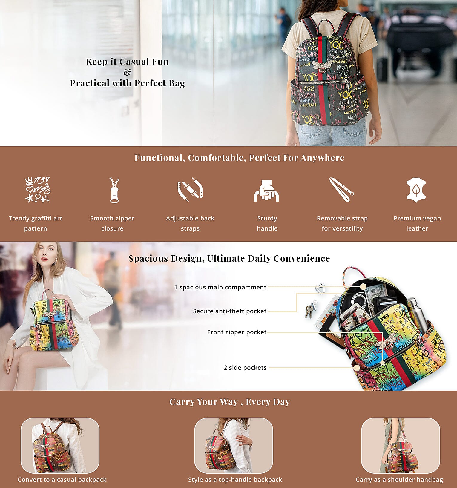 Chunma Tan & Multi Color Graffiti Art Vegan Leather Backpack Banner