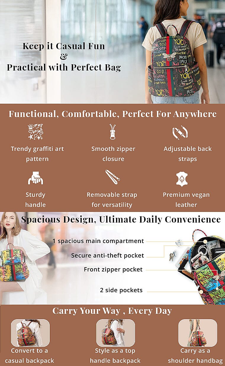 Chunma Tan & Multi Color Graffiti Art Vegan Leather Backpack Banner