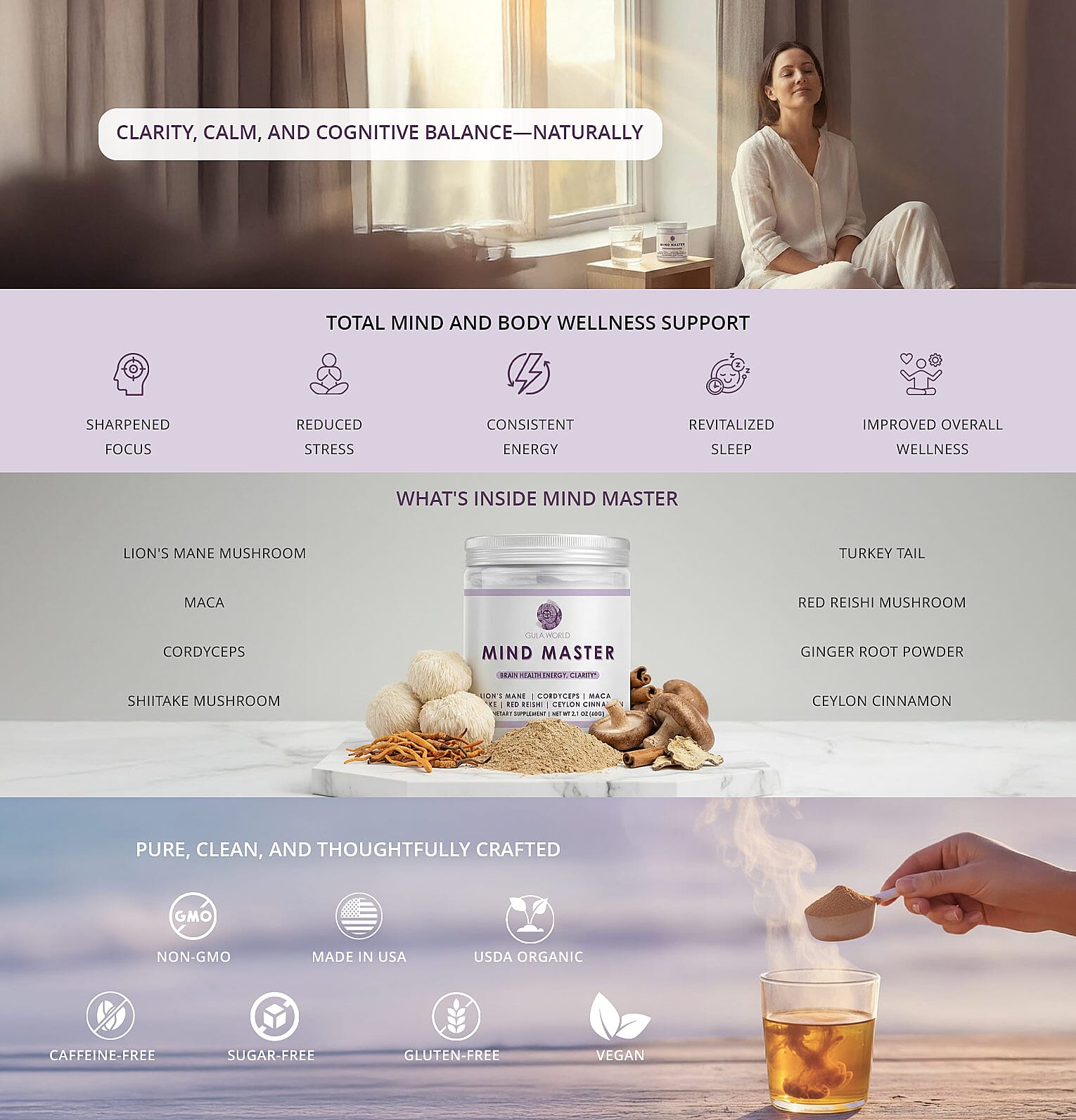 Gula World Mind Master Mushroom Powder for Brain Health, Energy, & Clarity Dietary Supplement (2.1oz) Banner